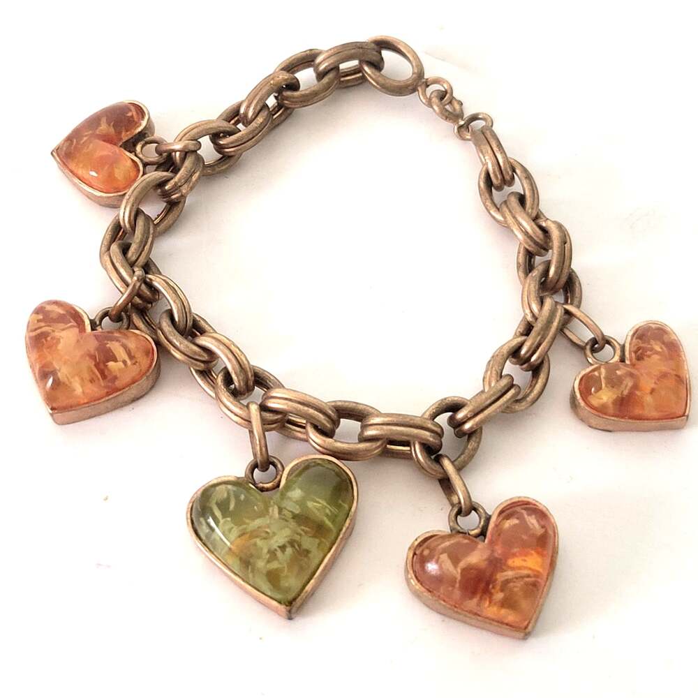 Vintage Art Glass Charm Bracelet Hearts Gold Tone 7"
